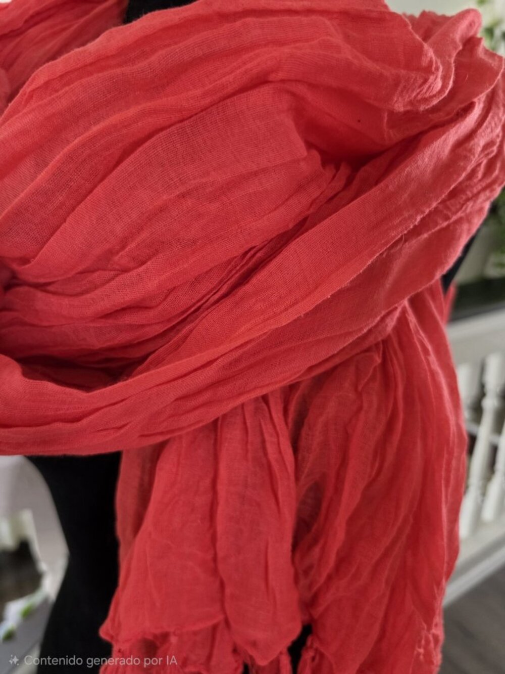 Women's coral Solid Rectangle Scarf Wrap, Lightweight Tassel Fringe Accents - Picture 3 of 5